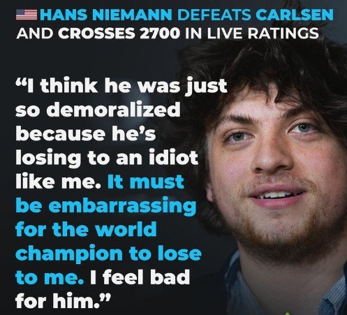 Шахматы: Карлсен заподозрил 19-летнего Ниманна в читерстве и покинул турнир Шахматы: Карлсен заподозрил 19-летнего Ниманна в читерстве и покинул турнир