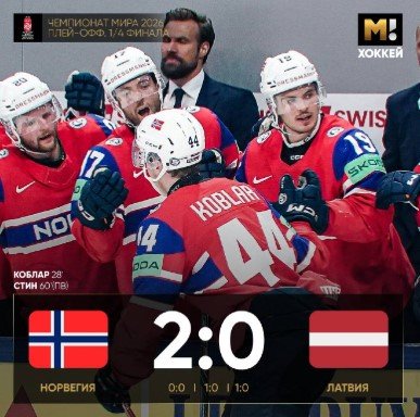 Норвегия обыграла Латвию (2-0) и впервые в истории пробилась в полуфинал ЧМ по хоккею